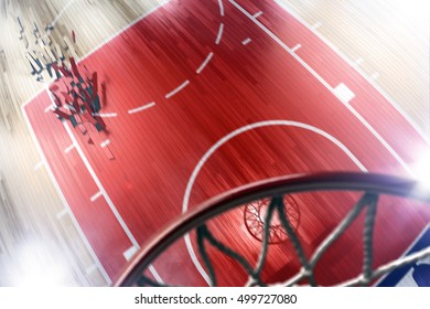 Basketball court floor and hoop 3d render. Floor is broken and motion blur. hoop is unfocused