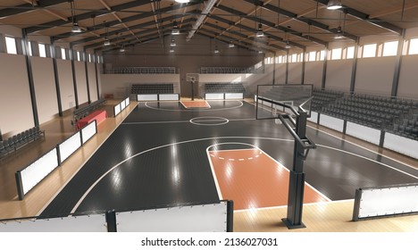 Basketball Court With Hoop And Tribune Mockup, Top View, 3d Rendering. School Or Professional Basketball Field Or Area Background. Sport Floor Surface For Tournament Or League Game Template.