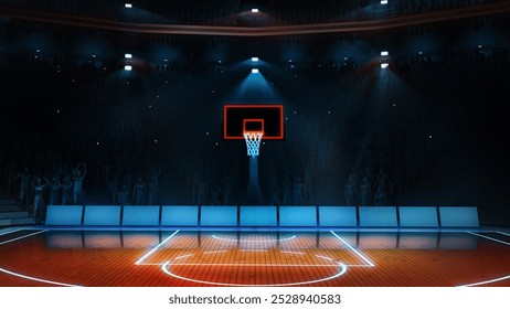 Basketball court illuminated by spotlights, with crowd of spectators cheering in background. 3D render of stadium. Concept of professional sport, tournament, competition, live event - Powered by Shutterstock