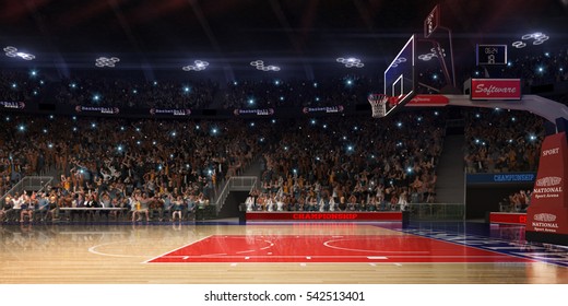 Basketball court with people fan. Sport arena.Photoreal 3d render background. blured in long shot distance(like leans optical), a little noise (like photography) colour