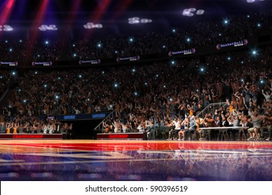 Basketball Court With People Fan. Sport Arena. Photorealism 3d Render Background. Blurred In Long Shot Distance Like Leans Optical