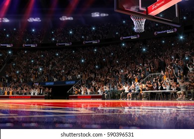 Basketball court with people fan. Sport arena. photorealism 3d render background. blurred in long shot distance like leans optical