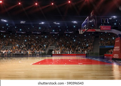 Basketball Court With People Fan. Sport Arena. Photorealism 3d Render Background. Blurred In Long Shot Distance Like Leans Optical