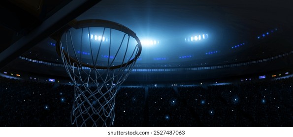 Basketball Hoop in a Lit Stadium Arena at Night, 3d rendering