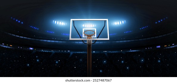 Basketball Hoop in a Lit Stadium Arena at Night, 3d rendering - Powered by Shutterstock