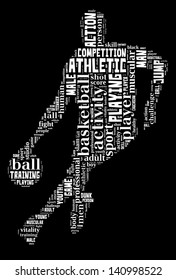 Basketball info-text graphic and arrangement concept on black background (word cloud)