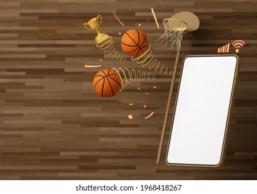 basketball live online from a smartphone. sport competition program. basketball game application. white screen mobile mock-up. sport online game. background copy space. 3d rendering - Powered by Shutterstock