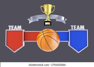 Basketball match, Team or Tournament name badge , mock-up scoreboard  and gold cup trophy for winner, Background and graphic template for sports presentation score or game results, 3D rendering
