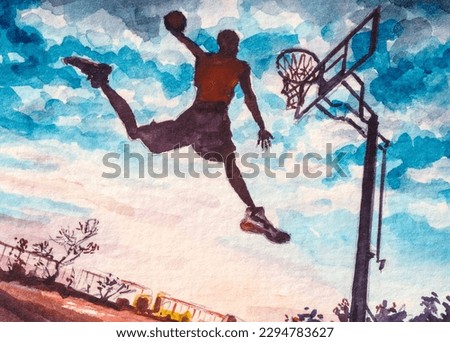 Basketball player throws the ball in the ring. High jump. Sport street game. On the background beautiful sunset. Summer fun entertainment.  Watercolor painting. Acrylic drawing art. A piece of art.