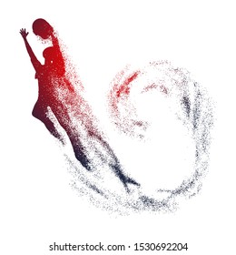 Basketball player with trail of particles. Girl jumping and catching the ball