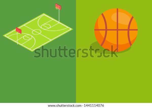 Basketball school stadium three dimensional raster\
illustration with ball and field posters text on green.\
sportsground baskets\
grass