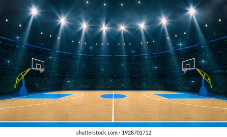 Basketball sport arena. Interior view to wooden floor of basketball court. Two basketball hoops side view. Digital 3D illustration of sport background.