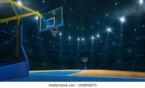 Basketball sport arena. Interior view to wooden floor of basketball court. Basketball hoop from behind. Digital 3D illustration of sport background. My own design.