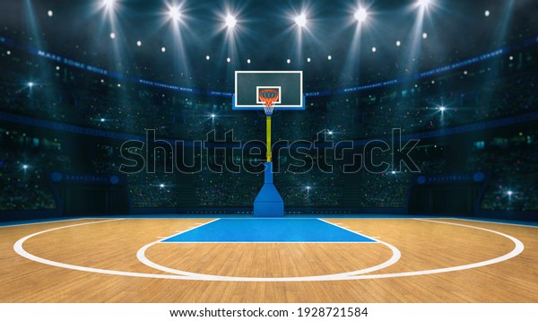 Basketball sport arena.\
Interior view to wooden floor of basketball court. Basketball hoop\
front view. Digital 3D illustration of sport background. My own\
design.\
