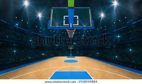 Basketball sport arena.\
Interior view to wooden floor of basketball court. Basketball hoop\
from backside. Digital 3D illustration of sport background. My own\
design.