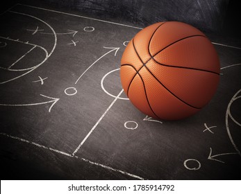 Basketball standing on game strategy blackboard. 3D illustration. - Powered by Shutterstock