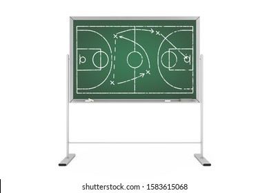 Basketball Tactics Concept. Green Chalkboard with Basketball Court and Game Strategy and Tactics Scheme extreme closeup. 3d Rendering