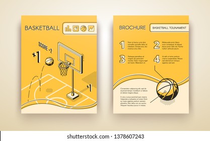 Basketball tournament promotional brochure or advertising flyer line art, isometric design template with ball jumping in hoop on basketball court illustration. Sport club, game match ad flyer - Powered by Shutterstock