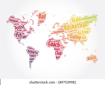 Basketball word cloud in shape of world map, sport concept background