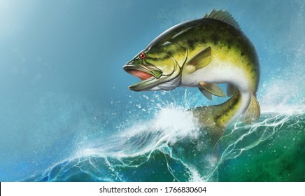 Bass fish jumps out of water realistic illustration. Big bass perch fishing in the usa on a river or lake. Horizontal background mobile version of the sea wave sunny day place for text.