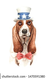 Basset Hound dog. Portrait of a dog. Watercolor hand drawn illustration.Watercolor 	
Basset Hound with top hat and tuxedo bow tie layer path, clipping path isolated on white background.