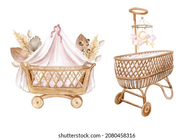 bassinet, crib for newborns. Newborn in a cradle. Boho. Watercolor illustration. Childhood. Motherhood. Baby shower.