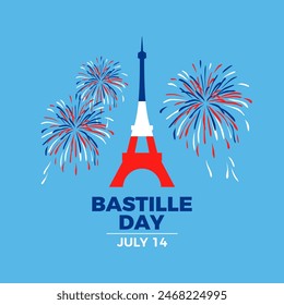 Bastille Day poster illustration. Eiffel Tower in colors of French flag icon. Template for background, banner, card. Eiffel Tower with fireworks symbol. French National Day. July 14 every year - Powered by Shutterstock