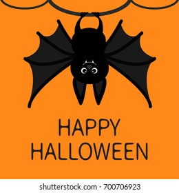 Bat hanging the tree ring  Happy Halloween card  Cute cartoon character and big wing  ears   legs  Black silhouette  Forest animal  Flat design  Orange background  Isolated  