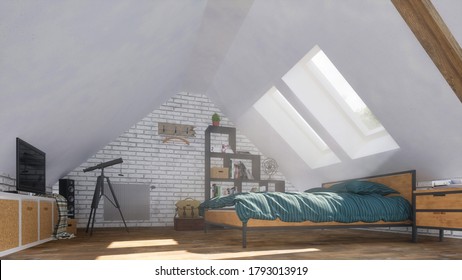 Bathed In Sun Rays Minimalist Interior Of Cozy Modern Bedroom In Attic Room With Double Bed Under Mansard Windows And TV In Front At Daytime. With No People 3D Illustration From My 3D Rendering File.