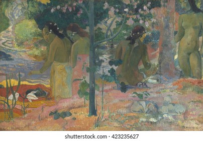The Bathers, by Paul Gauguin, 1897, French Post-Impressionist painting, oil on canvas. Painted during the artist's second trip to Tahiti, it shows four women near and in water in a pastoral tropical