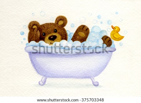Bathing baby bear, watercolor.
