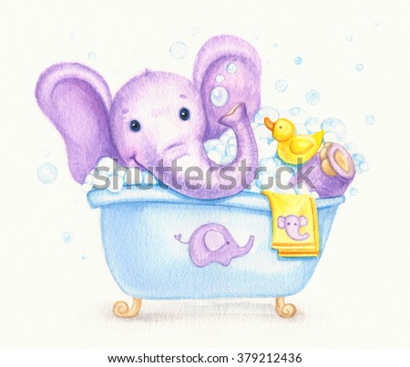 Bathing baby elephant , watercolor.