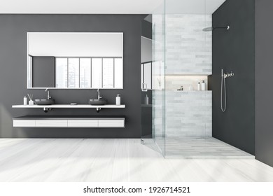 Bathing Room With Glass Shower And Two Washbasins With Drawers, Large Mirror. Minimalist Modern Luxury Interior, 3D Rendering No People