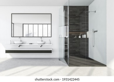 Bathing Room With Glass Shower And Two Washbasins With Drawers, Large Mirror. Minimalist Light Luxury Interior, 3D Rendering No People