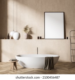 Bathing room interior with tub on parquet floor. Towel rail ladder and rack with accessories. Table with towels. Mockup canvas against beige wall, 3D rendering
