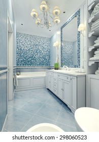 Bathroom Art Deco Style. Long Bathroom With A Mix Of Tile And Plaster Light Blue Color. Mosaic Wall And Frame Mirror. 3D Render