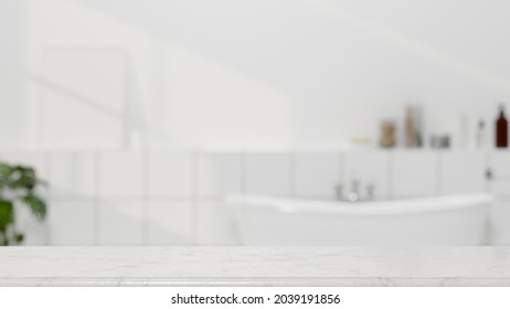 Bathroom Background, Mockup Space For Montage Product On White Marble Tabletop Over Bright Modern Bathroom With Bathtub And Minimalist Interior In Background, 3d Rendering, 3d Illustration