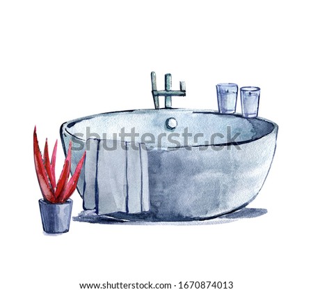 Bathroom bath towel plant pot candle design interior watercolor illustration isolated