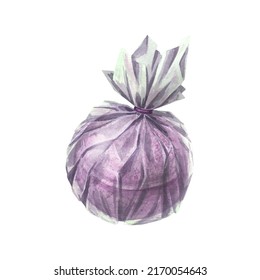 The bathroom bomb is purple, wrapped in a film. Watercolor illustration. An isolated object from a large set of Lavender SPA. For the design, design and compositions of a logo, postcard, poster price