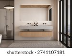Bathroom front view with double sink vanity and glass shower cabin 3d render