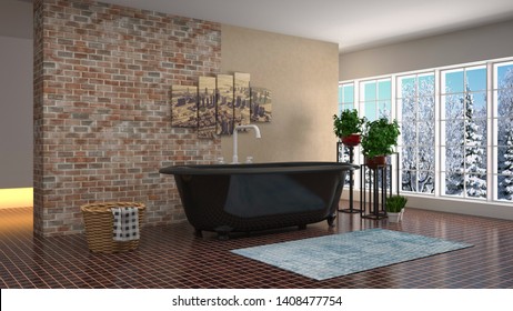 Bathroom interior. 3D illustration. Bath.