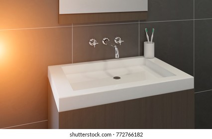 Bathroom interior bathtub. 3D rendering. Sun