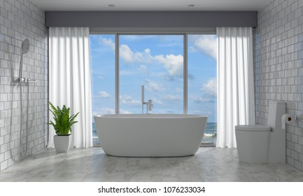 Bathroom interior bathtub with sea view and blue sky, 3D rendering