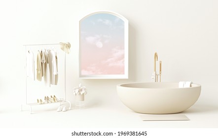 Bathroom Interior Bathtub With Sky View And Cloud. Clothes Hanging On A Rack And Pot Plant In Neutral Beige Colors.  Light Background With Copy Space. 3D Rendering For Web Page, Presentation, Studio