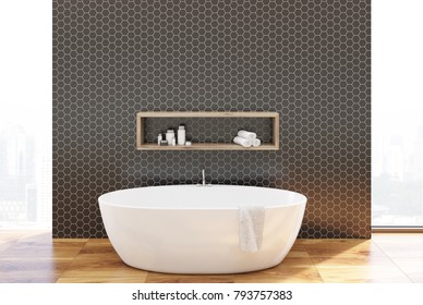 Bathroom Interior With Black Hexagon Tile Walls, A Large Round Tub And A Wooden Shelf. 3d Rendering Mock Up