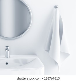 Bathroom Interior In Light Colors With A Sink And Mirror And Towel