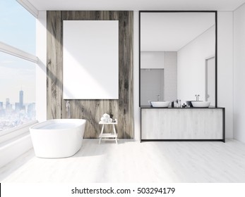 Bathroom Interior With Mirror, Bath Tub, Table With Towels And Sink. Large Vertical Poster On Wall, Panoramic Window. 3d Rendering. Mock Up