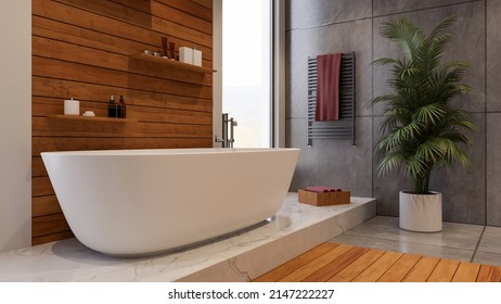 Bathroom Bathroom Interior With Sauna Style Wood Planks Design And Quartz Countertop Slab Under Bathtub. 3d Rendering.