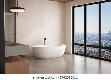 Bathroom interior view from vanity towards freestanding bathtub 3d render