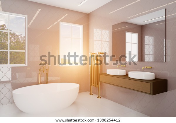 Bathroom Large Windows Decorative Purple Tiles Stock Illustration